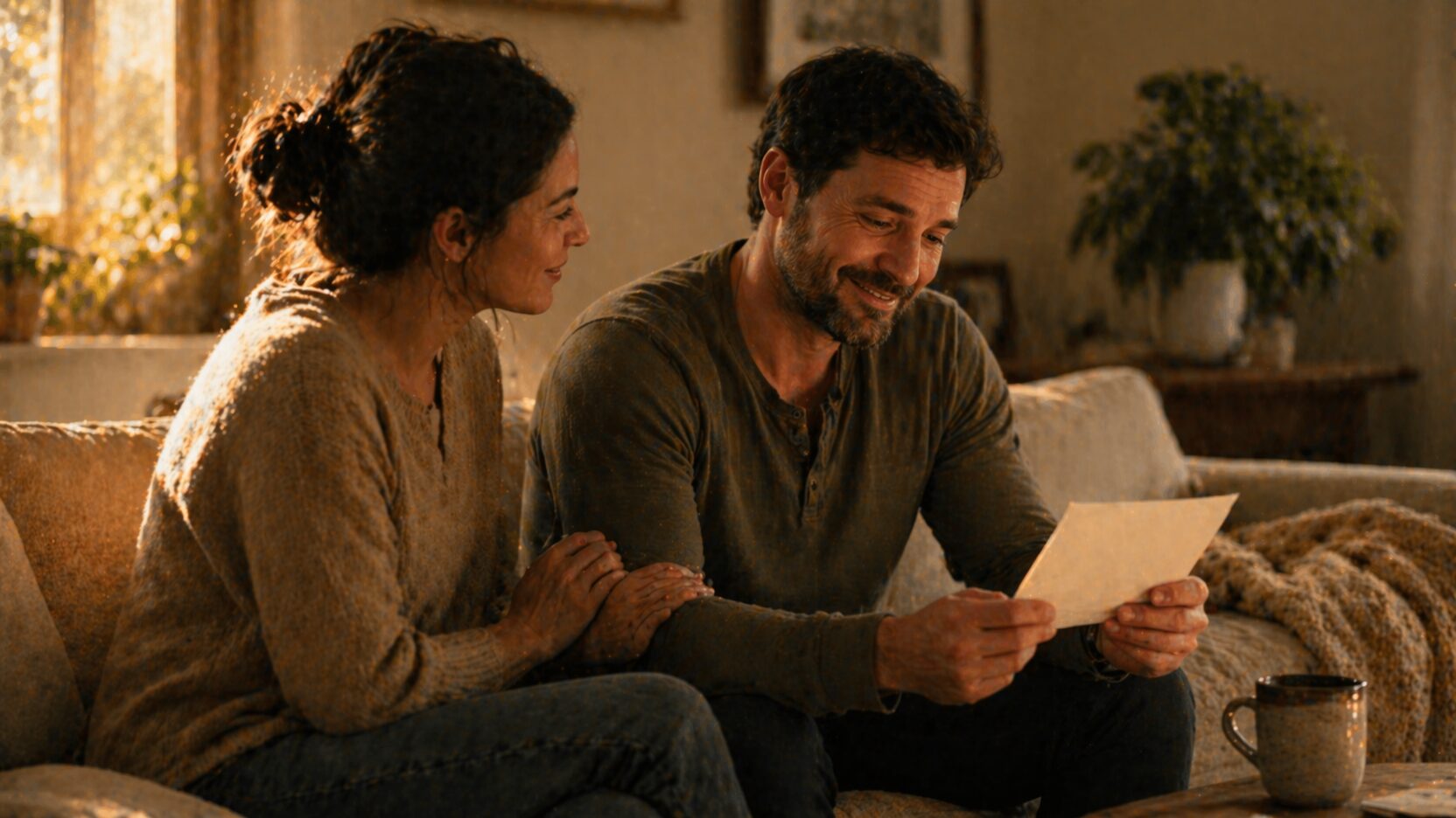 A couple at home reading good news together — a quiet moment of relief