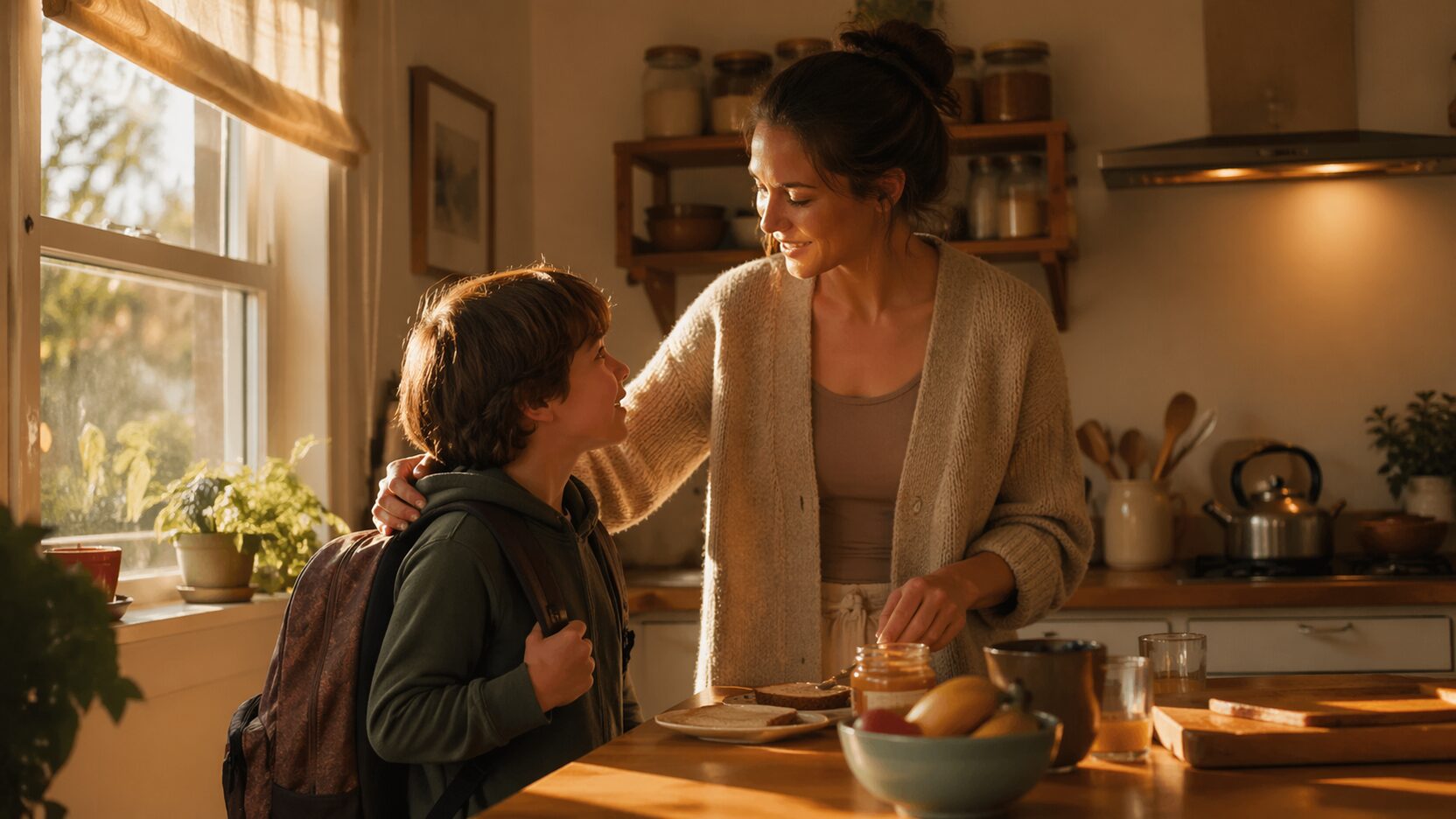 A parent and child sharing a moment in a warm kitchen
