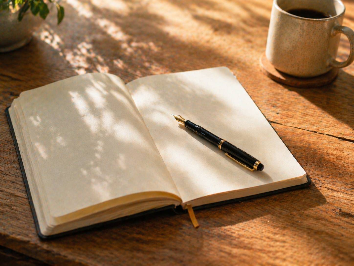 Open notebook with a fountain pen on a wooden desk