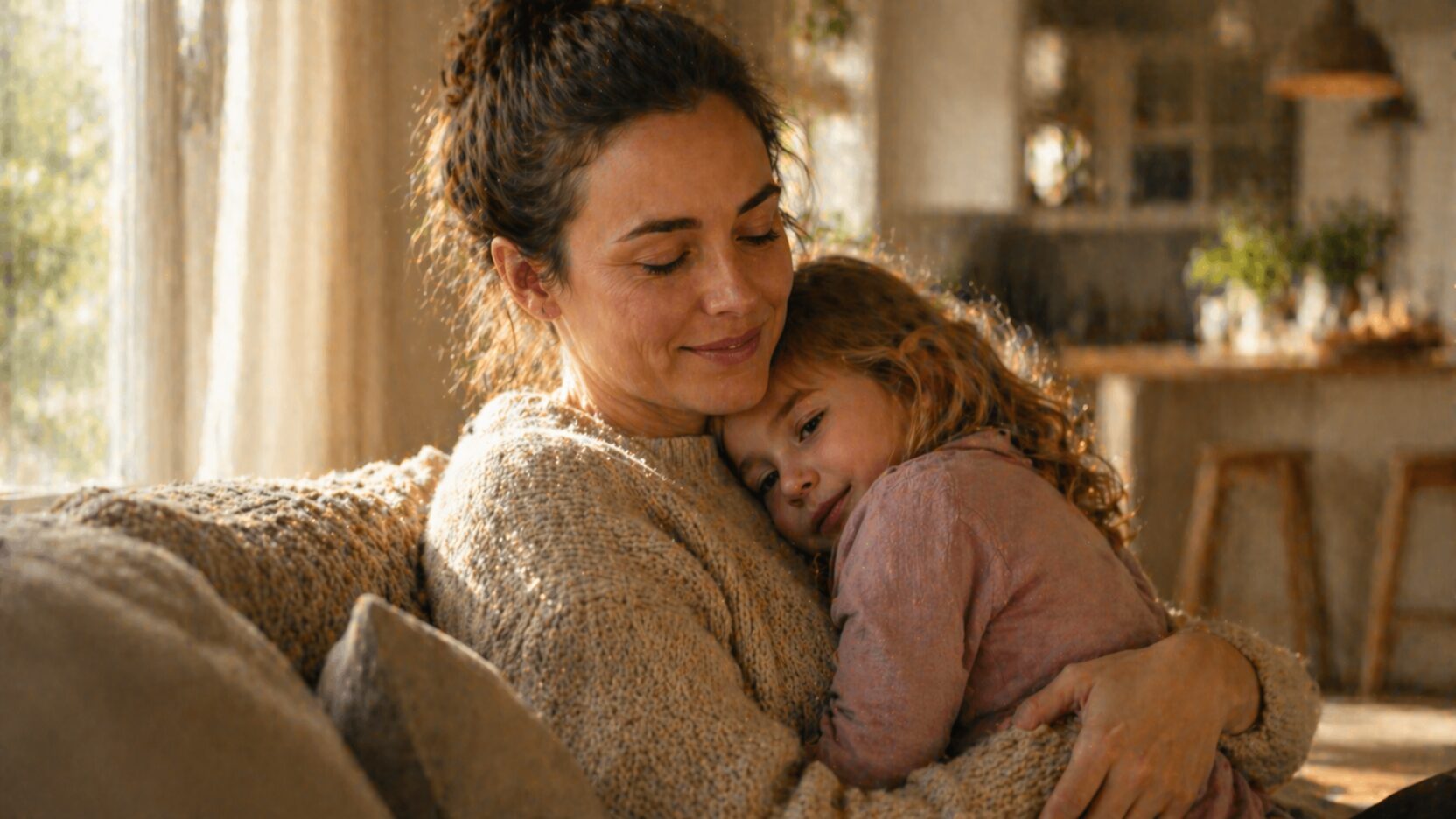 A mother holding her young daughter in a warm home — quiet safety